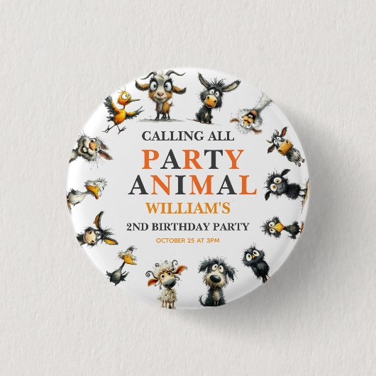 Whimsical Funny Animals 2nd Birthday Party 缶バッジ (正面)