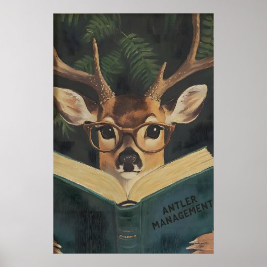 Whimsical Funny Deer Bookworm Wall Art Print ポスター (正面)