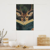 Whimsical Funny Deer Bookworm Wall Art Print ポスター (キッチン)