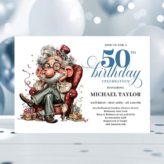 Whimsical Funny Man 50 Party Milestone Invitation 招待状