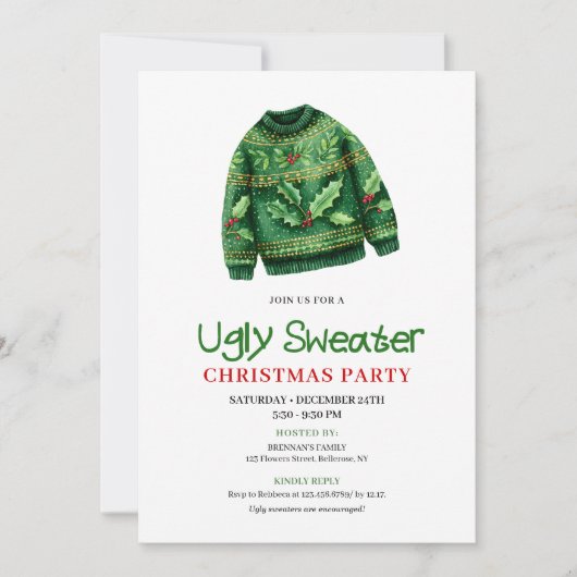 Whimsical Funny Ugly Sweater Holiday Invite 招待状 (正面)