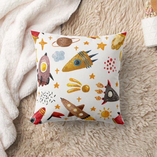 Whimsical Galaxy Rocket Ship Pattern Kids Decor クッション (ブランケット)