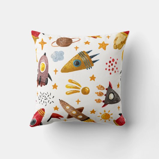 Whimsical Galaxy Rocket Ship Pattern Kids Decor クッション (裏面)