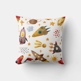 Whimsical Galaxy Rocket Ship Pattern Kids Decor クッション