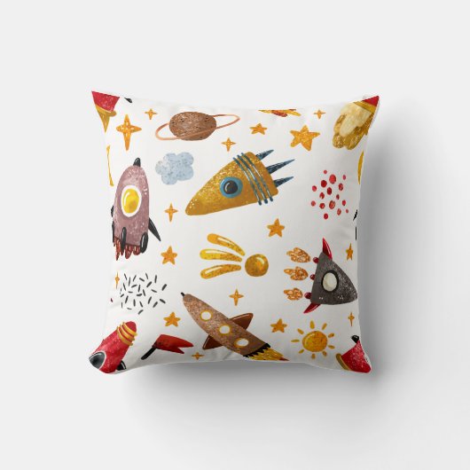 Whimsical Galaxy Rocket Ship Pattern Kids Decor クッション (正面)