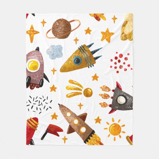 Whimsical Galaxy Rocket Space Pattern Baby Blanket フリースブランケット (正面)