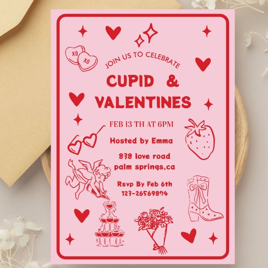 Whimsical Galentines Cupid & Galentine's  Party 招待状