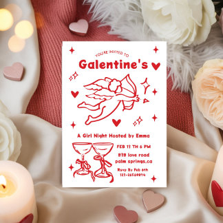 Whimsical Galentines Hand Drawn  red girls Party  招待状