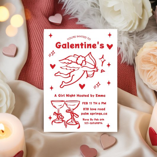 Whimsical Galentines Hand Drawn  red girls Party  招待状