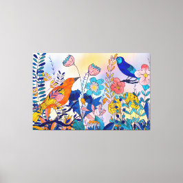 Whimsical Garden Birds and Blooms キャンバスプリント