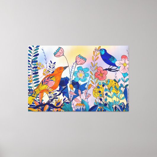 Whimsical Garden Birds and Blooms キャンバスプリント (正面)
