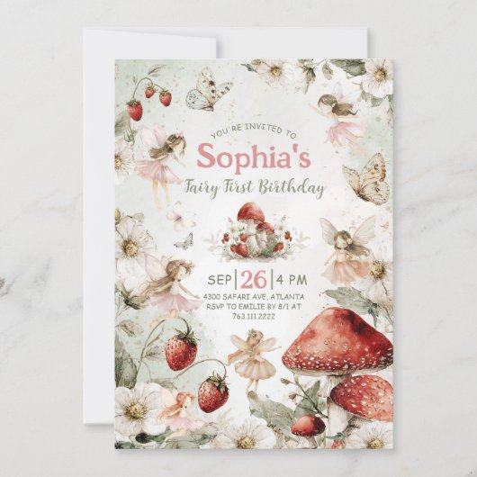 whimsical garden fairy first birthday 招待状 (正面)