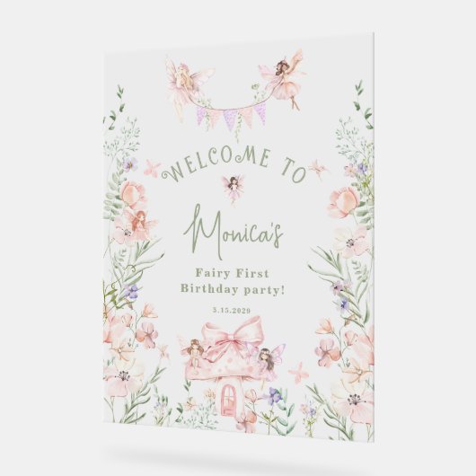 Whimsical garden Fairy First Birthday Welcome アクリルサイン (傾斜)