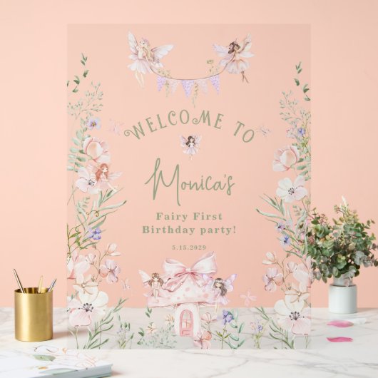 Whimsical garden Fairy First Birthday Welcome アクリルサイン (ウェディング)