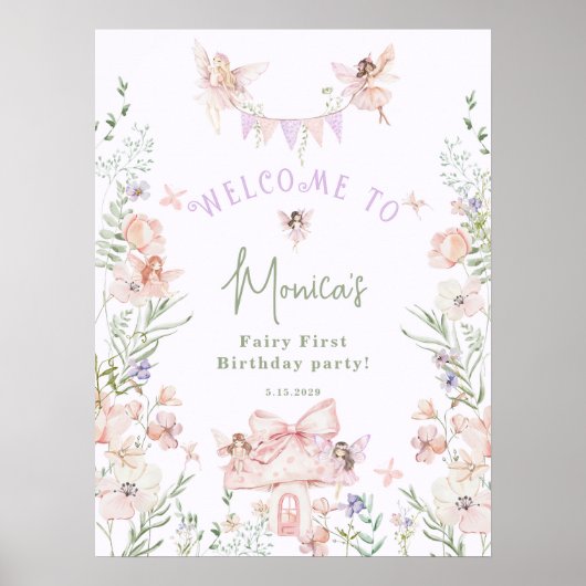 Whimsical garden Fairy First Birthday Welcome ポスター (正面)
