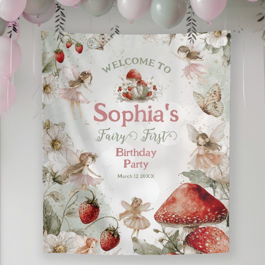 whimsical garden fairy first birthday welcome sign タペストリー