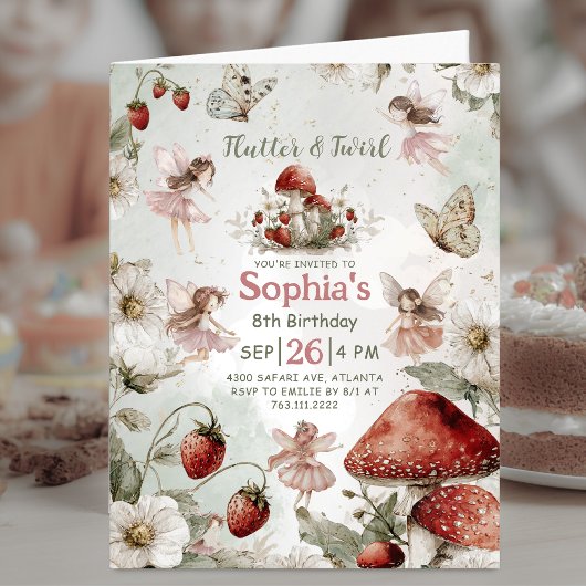 whimsical garden flutter and twirl folded birthday 招待状