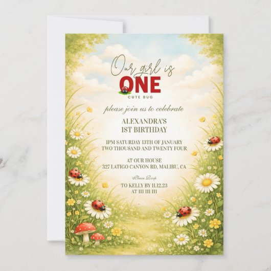 Whimsical Garden Lady Bug 1st Birthday 招待状 (正面)