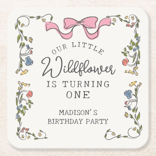 Whimsical Garden Party Doodle Floral Birthday スクエアペーパーコースター (正面)