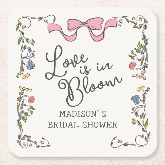 Whimsical Garden Party Doodle Floral Bridal Shower スクエアペーパーコースター (正面)