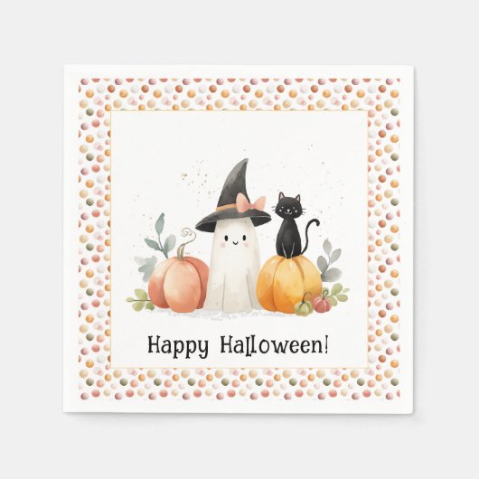 Whimsical Ghost and Black Cat Halloween スタンダードカクテルナプキン (正面)