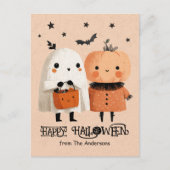 Whimsical Ghost& Pumpkin Cute Watercolor Halloween ポストカード (正面)