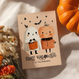 Whimsical Ghost& Pumpkin Cute Watercolor Halloween ポストカード