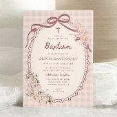 Whimsical Gingham Blush Pink Floral Girl Baptism 招待状
