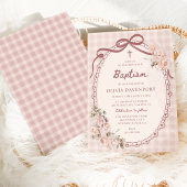 Whimsical Gingham Blush Pink Floral Girl Baptism 招待状