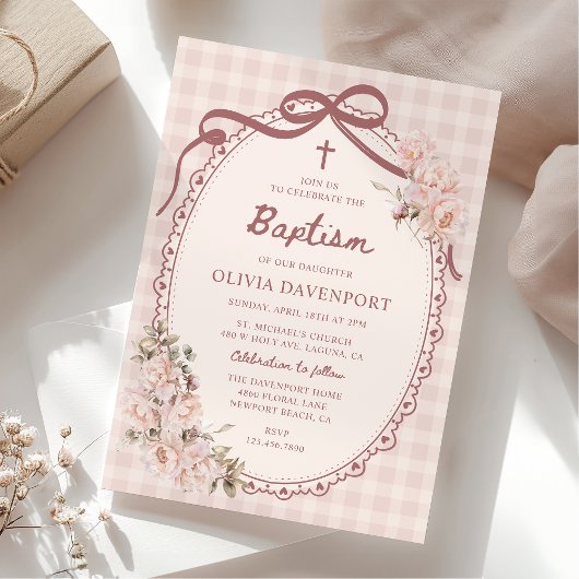 Whimsical Gingham Blush Pink Floral Girl Baptism 招待状