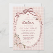 Whimsical Gingham Blush Pink Floral Girl Baptism 招待状 (正面)