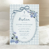 Whimsical Gingham Dusty Blue Floral Boy Baptism 招待状