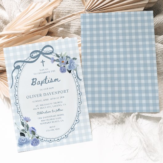 Whimsical Gingham Dusty Blue Floral Boy Baptism 招待状