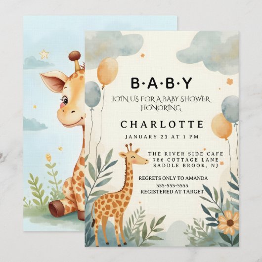 Whimsical Giraffe Baby Shower 招待状 (正面/裏面)