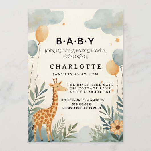 Whimsical Giraffe Baby Shower 招待状 (正面)