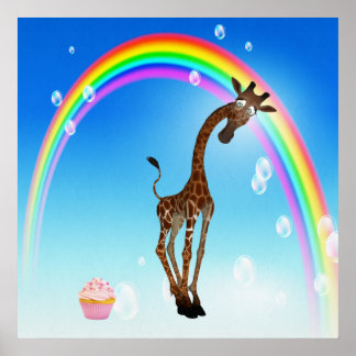 Whimsical Giraffe, Cupcake & Rainbow ポスター