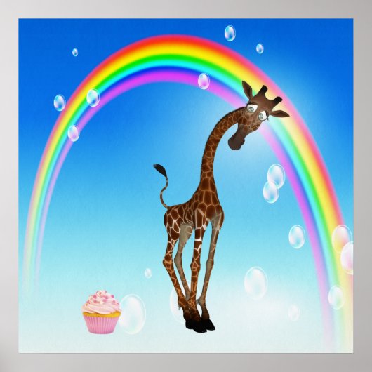 Whimsical Giraffe, Cupcake & Rainbow ポスター (正面)