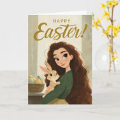 Whimsical Girl and Baby Bunny Easter Greeting カード (黄色い花)