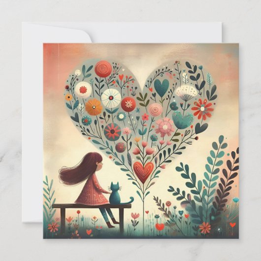 Whimsical Girl and Cat Beside a Floral Heart  シーズンカード (正面)