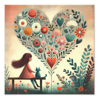 Whimsical Girl and Cat Beside a Floral Heart  フォトプリント