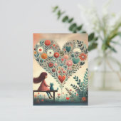 Whimsical Girl and Cat Beside a Floral Heart  ポストカード (スタンド正面)