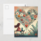 Whimsical Girl and Cat Beside a Floral Heart  ポストカード (正面/裏面)