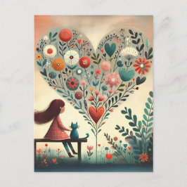Whimsical Girl and Cat Beside a Floral Heart  ポストカード