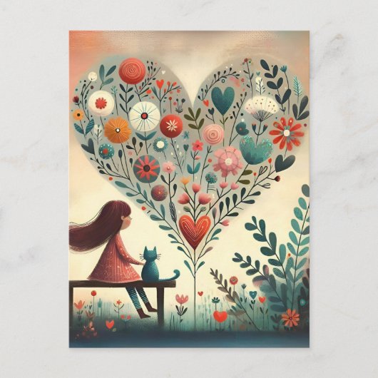 Whimsical Girl and Cat Beside a Floral Heart  ポストカード (正面)