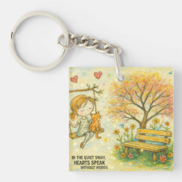 Whimsical Girl and Orange Cat Garden Keychain キーホルダー