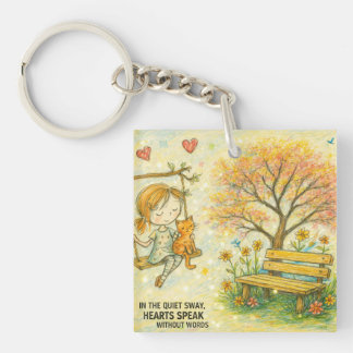 Whimsical Girl and Orange Cat Garden Keychain キーホルダー
