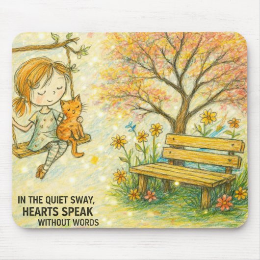 Whimsical Girl and Orange Cat Garden Mousepad マウスパッド (正面)