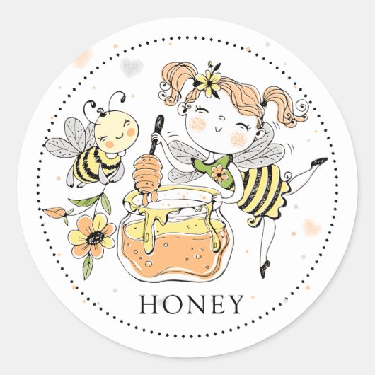 Whimsical Girl bee honey Jar Label ラウンドシール (正面)
