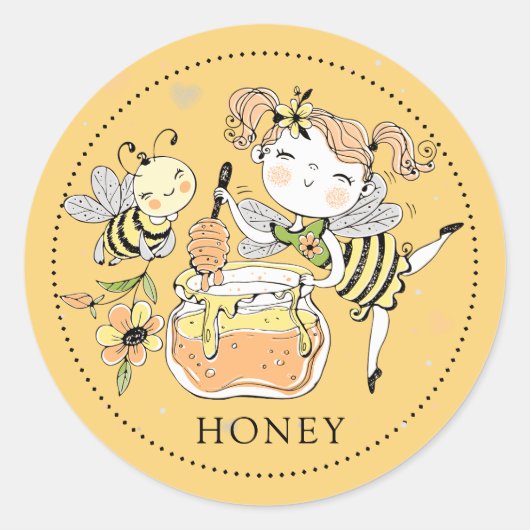 Whimsical Girl bee honey Jar Label ラウンドシール (正面)