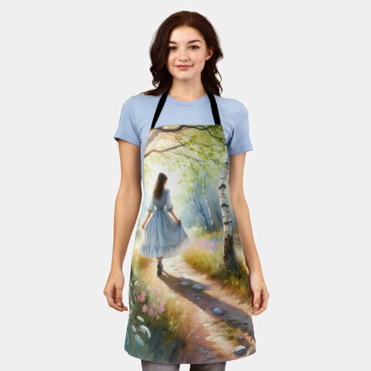 Whimsical Girl Dancing Through Birch Forest エプロン (着用した状態)